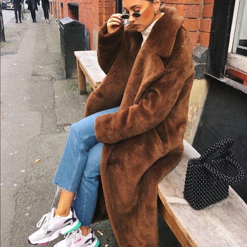 H&M faux fur coat long brown teddy bear trench 0 S